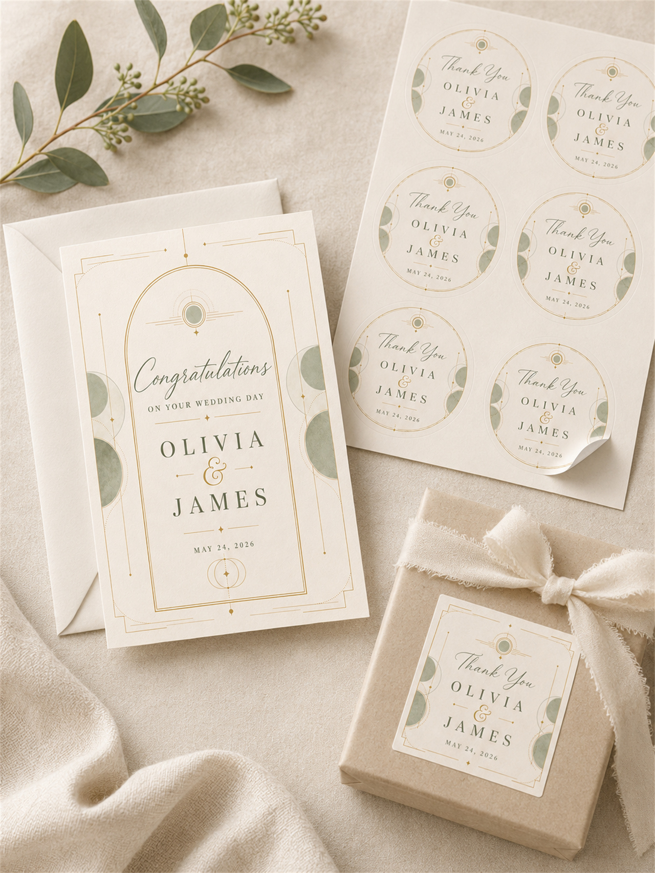 The geometric arch design in sage green and soft gold wedding decorations - a romantic and elegant wedding - customizes names and dates